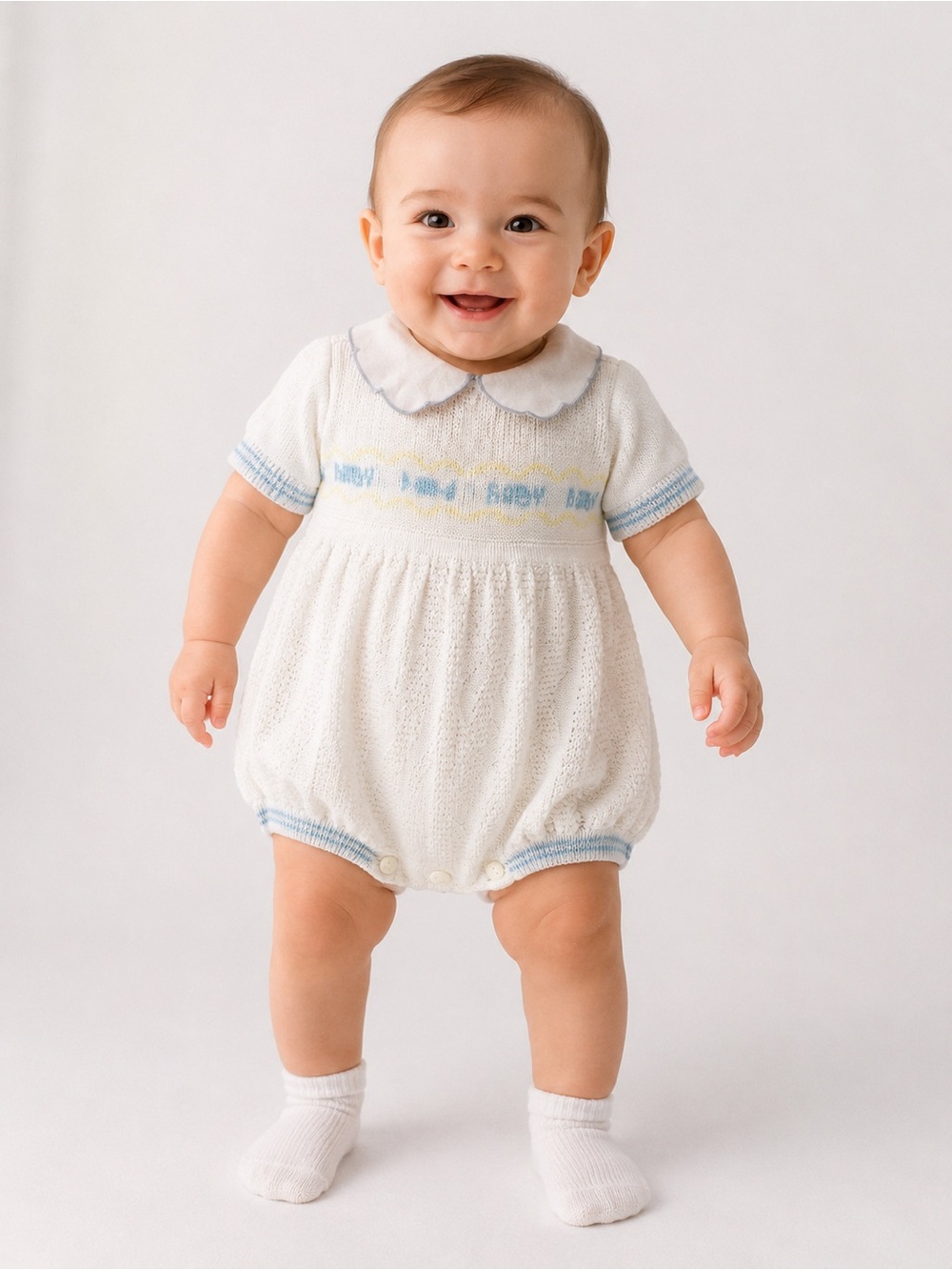 Vintage Baby Knit Romper White Blue Yellow Peter Pan Collar Bubble 0-6M